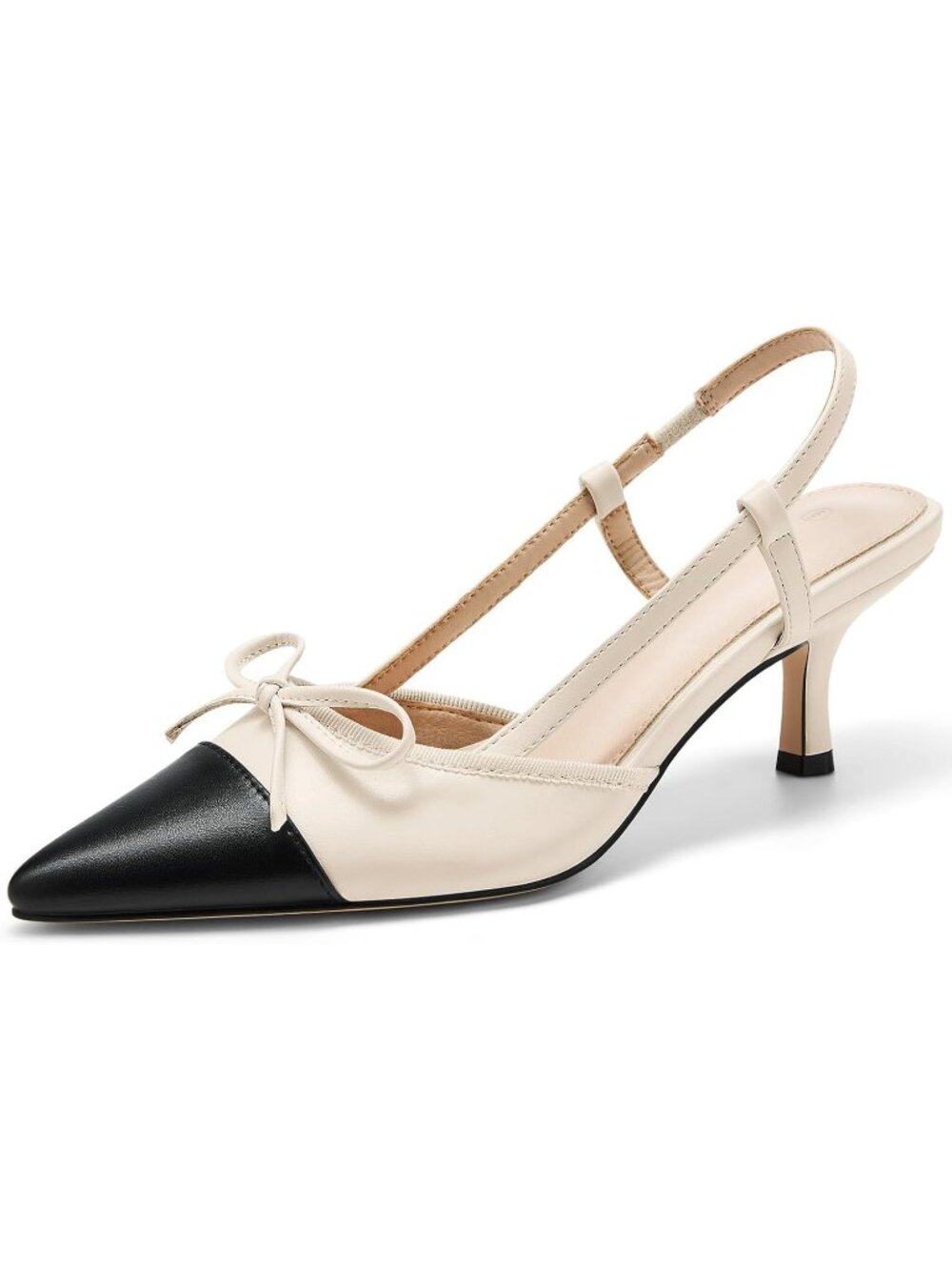 Women‘s Beige Bow Tie Slingback Pump Pointed Toe Kitten Low Heel Sandal
